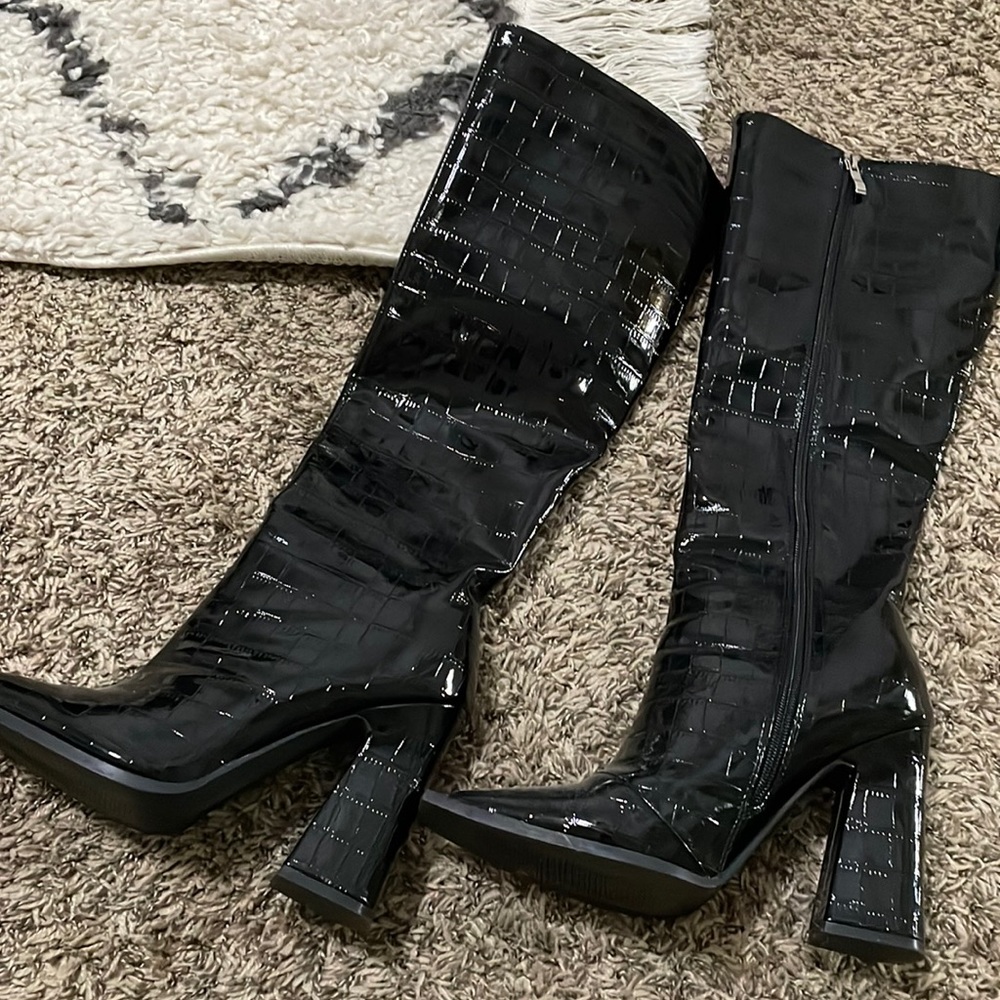 Princess Polly Black Patent Faux Leather Knee Boots
